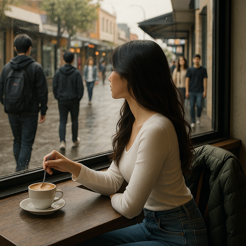 坐在咖啡馆的临窗座位上 坐在咖啡馆的临窗座位上